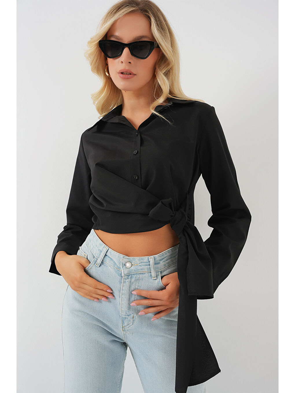 Kadın Bağlamalı Uzun Kol Gömlek 20325 - Siyah-2