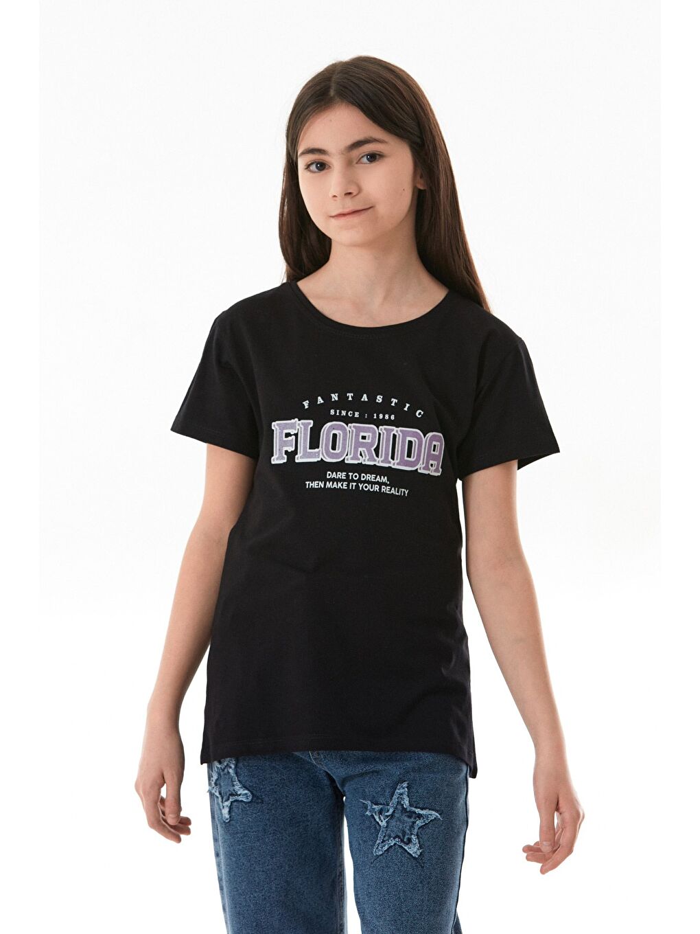 Siyah %100 Pamuk Florida Yazı Baskılı Kız Çocuk Tişört
