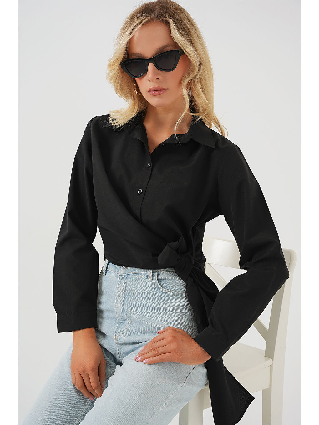 Kadın Bağlamalı Uzun Kol Gömlek 20325 - Siyah-3