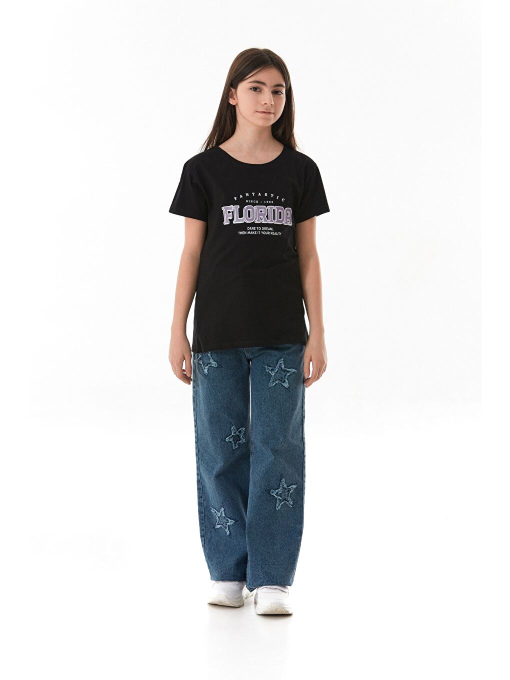 Siyah %100 Pamuk Florida Yazı Baskılı Kız Çocuk Tişört-1