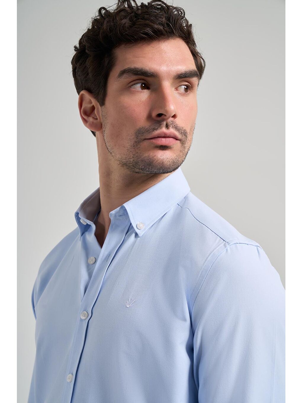 Mavi Uzun Kol Düz Oxford Düğmeli Yaka Cepsiz Pamuklu Classic Slim Fit Gömlek 1004250168-3