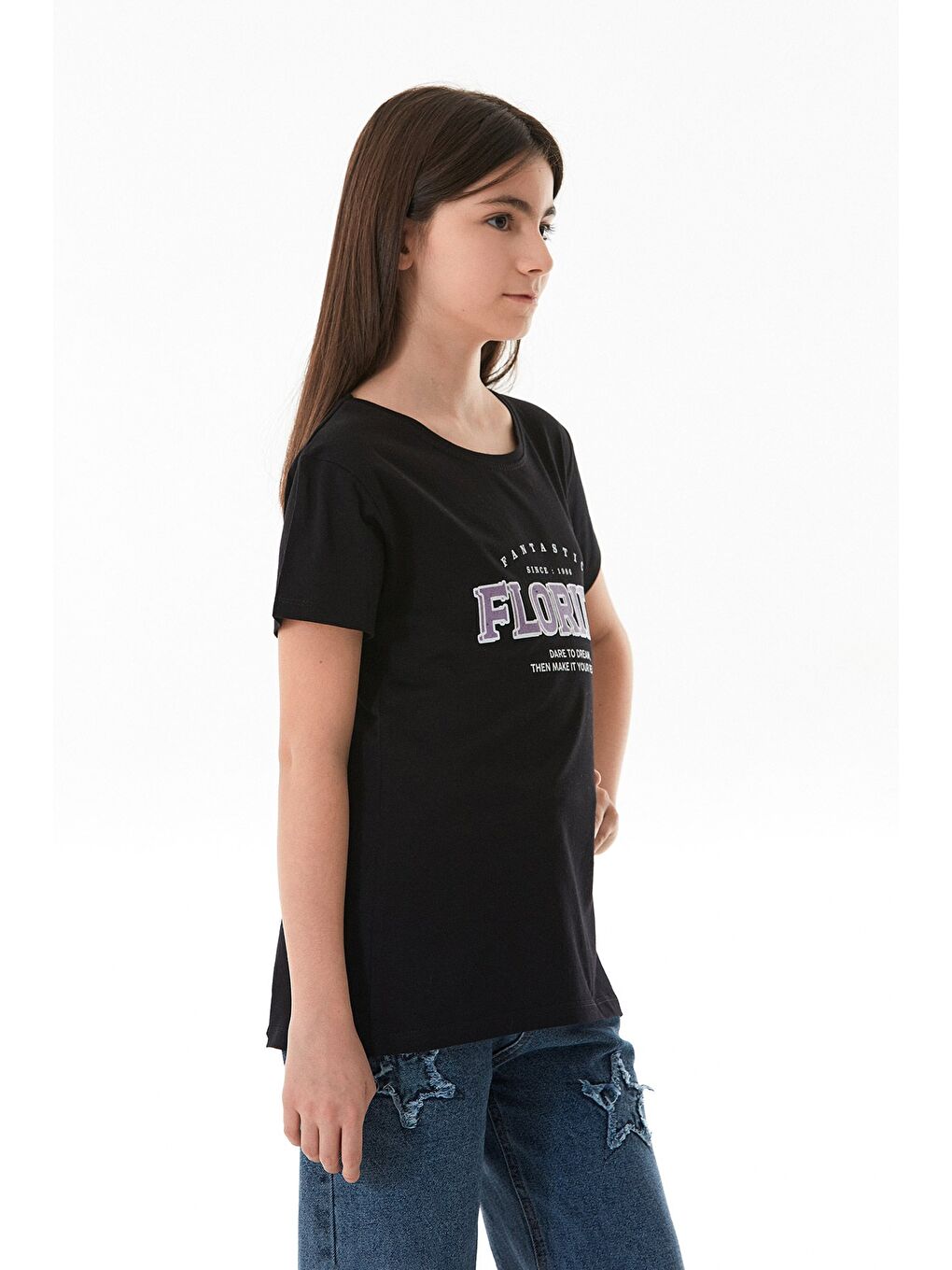 Siyah %100 Pamuk Florida Yazı Baskılı Kız Çocuk Tişört-3