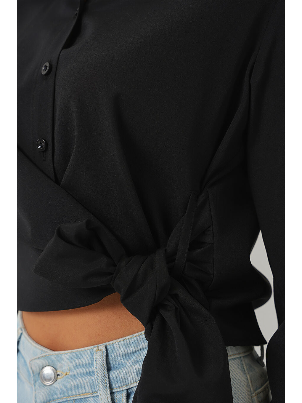 Kadın Bağlamalı Uzun Kol Gömlek 20325 - Siyah-4
