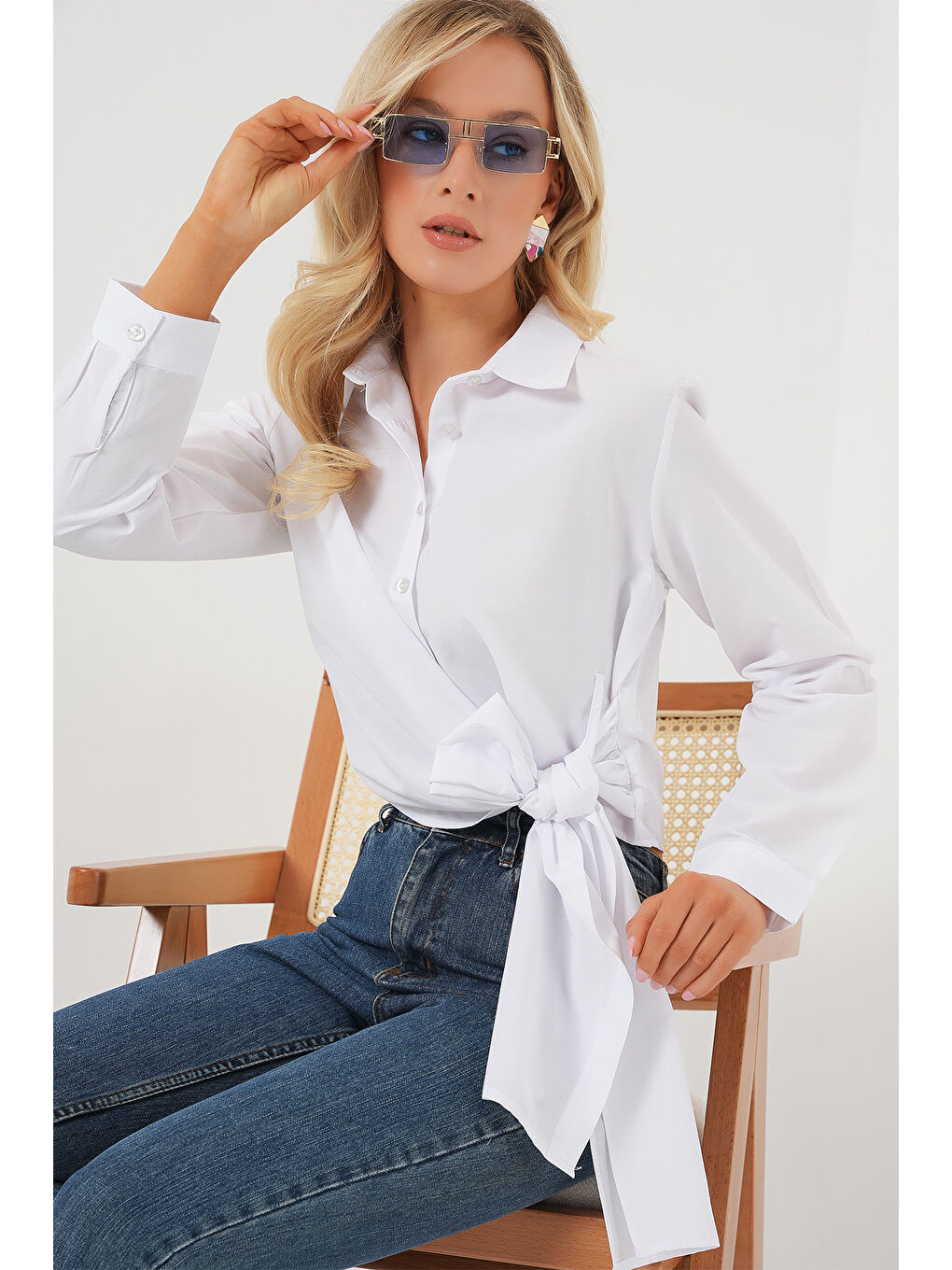 Kadın Bağlamalı Uzun Kol Gömlek 20325 - Beyaz-3