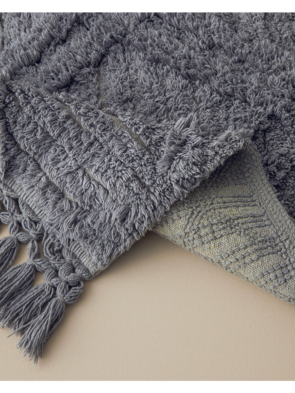 Tassel Check Pamuklu Püsküllü Banyo Paspası Gri-1