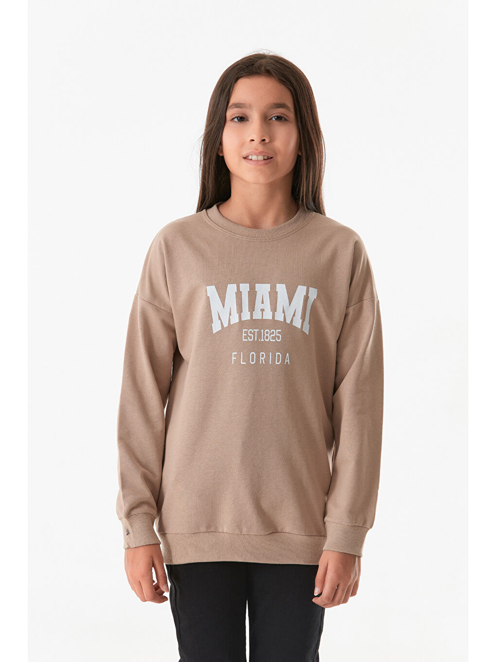 Fullamoda Camel-Bej Miami Baskılı Bisiklet Yaka Kız Çocuk Sweatshirt