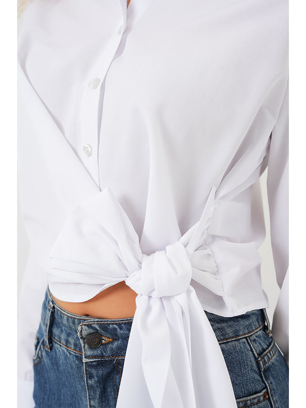 Kadın Bağlamalı Uzun Kol Gömlek 20325 - Beyaz-4