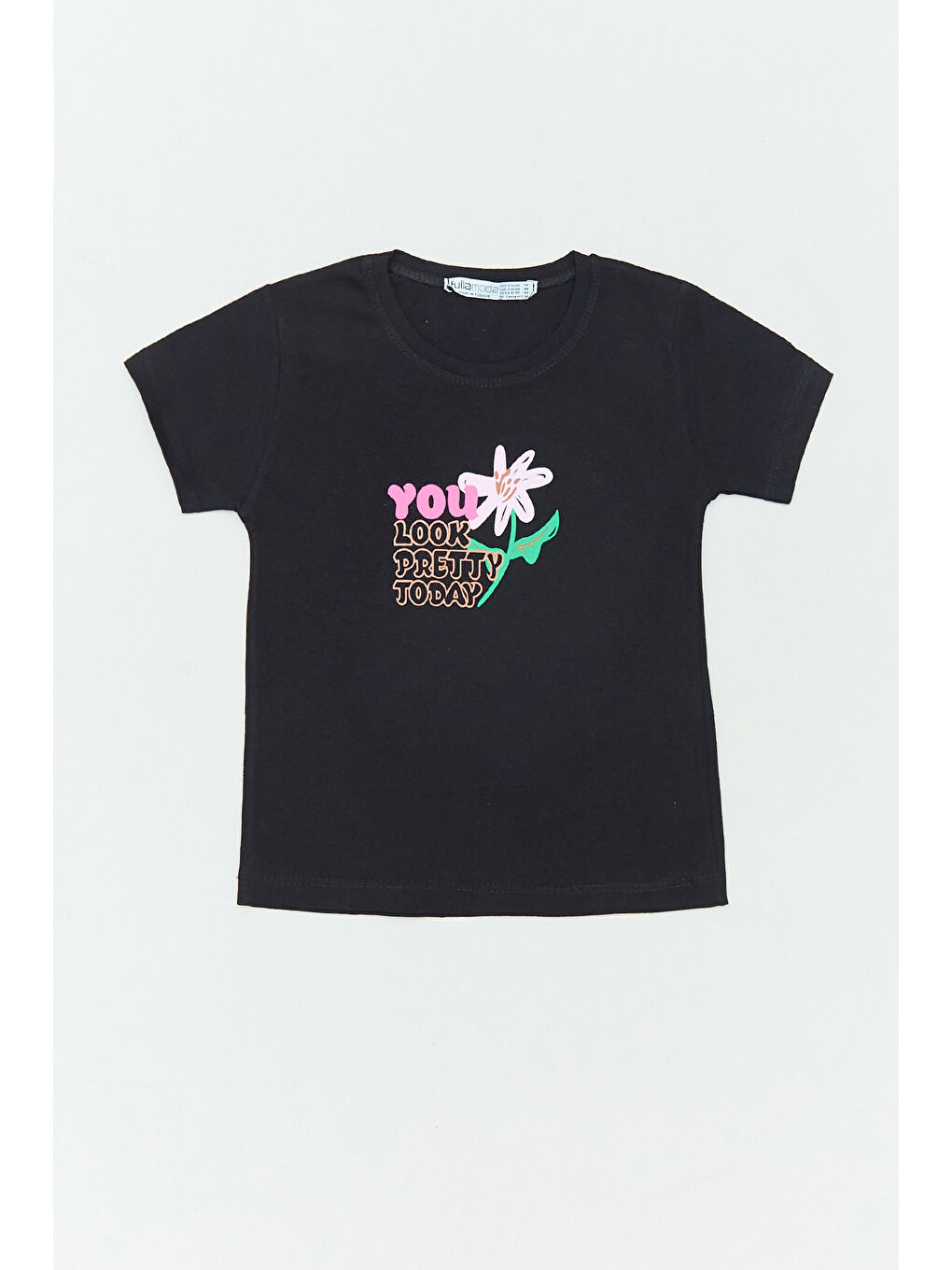 Siyah %100 Pamuk Önü Ve Arkası Baskılı Kız Çocuk Tişört