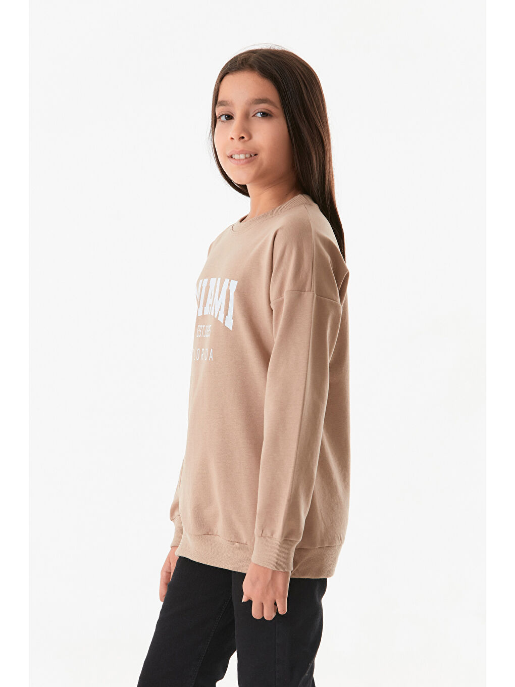 Fullamoda Camel-Bej Miami Baskılı Bisiklet Yaka Kız Çocuk Sweatshirt - 1