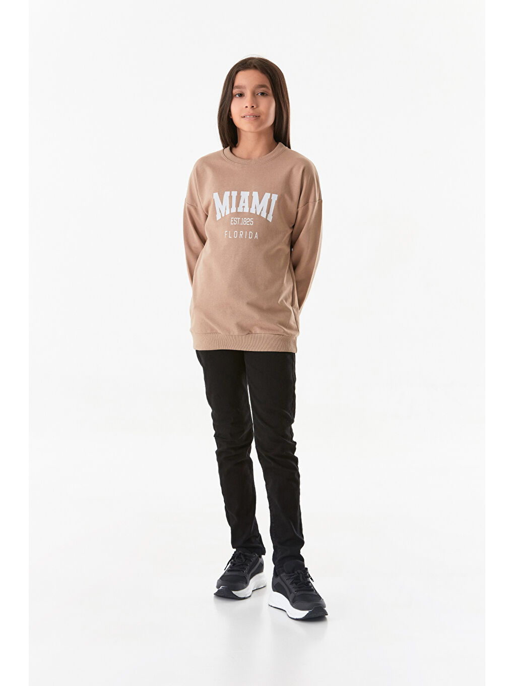 Fullamoda Camel-Bej Miami Baskılı Bisiklet Yaka Kız Çocuk Sweatshirt - 2