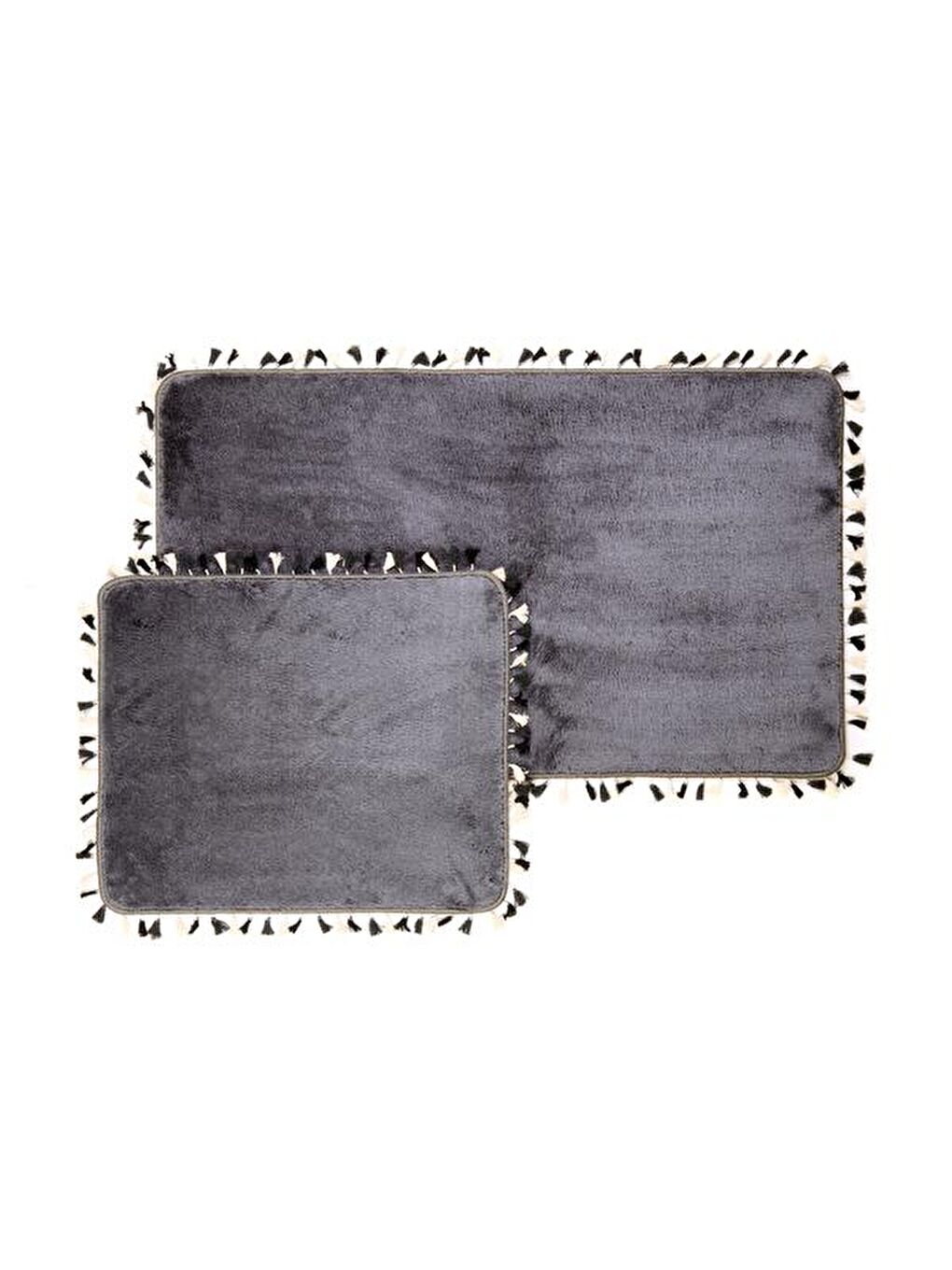 Soft Püsküllü 2'li Banyo Paspası - Antrasit - 60x100 cm + 50x60 cm
