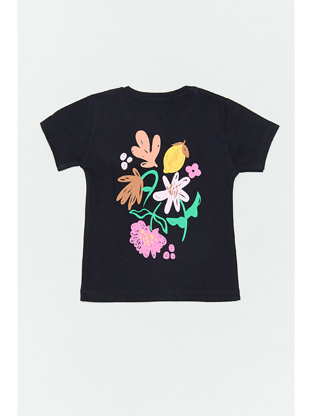 Siyah %100 Pamuk Önü Ve Arkası Baskılı Kız Çocuk Tişört-1