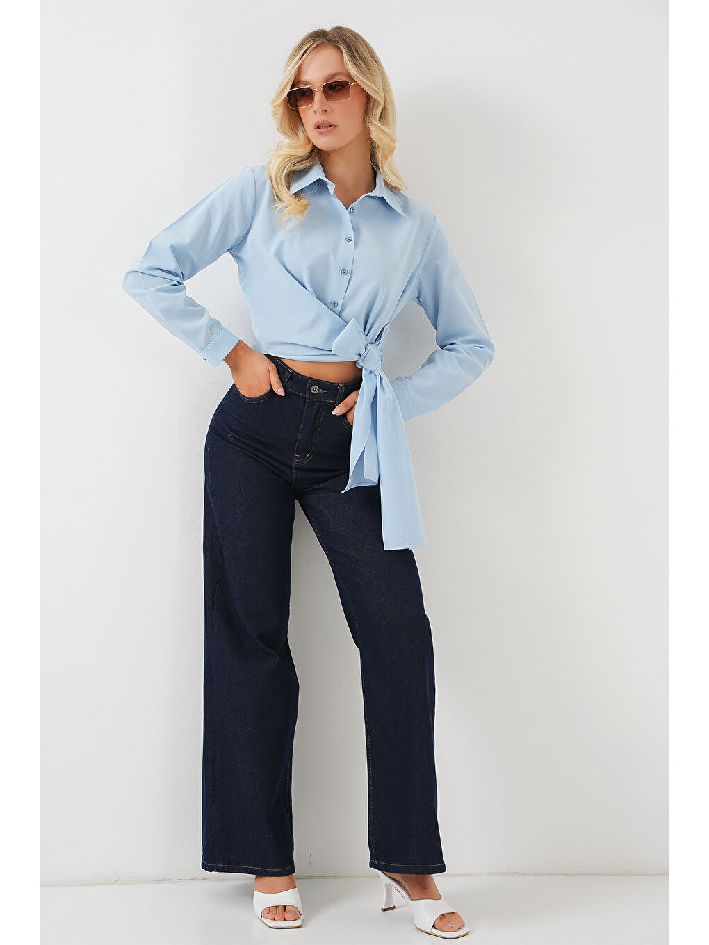 Kadın Bağlamalı Uzun Kol Gömlek 20325 - Mavi-1
