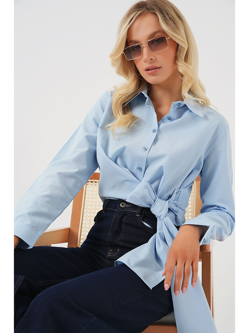 Kadın Bağlamalı Uzun Kol Gömlek 20325 - Mavi-2