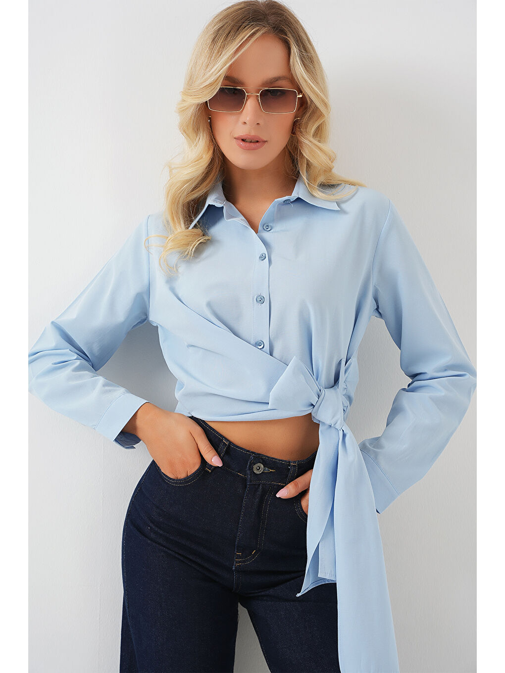 Kadın Bağlamalı Uzun Kol Gömlek 20325 - Mavi-3
