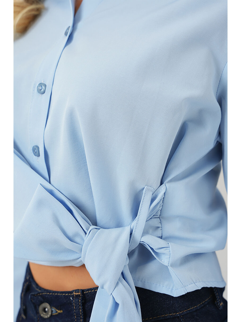 Kadın Bağlamalı Uzun Kol Gömlek 20325 - Mavi-4