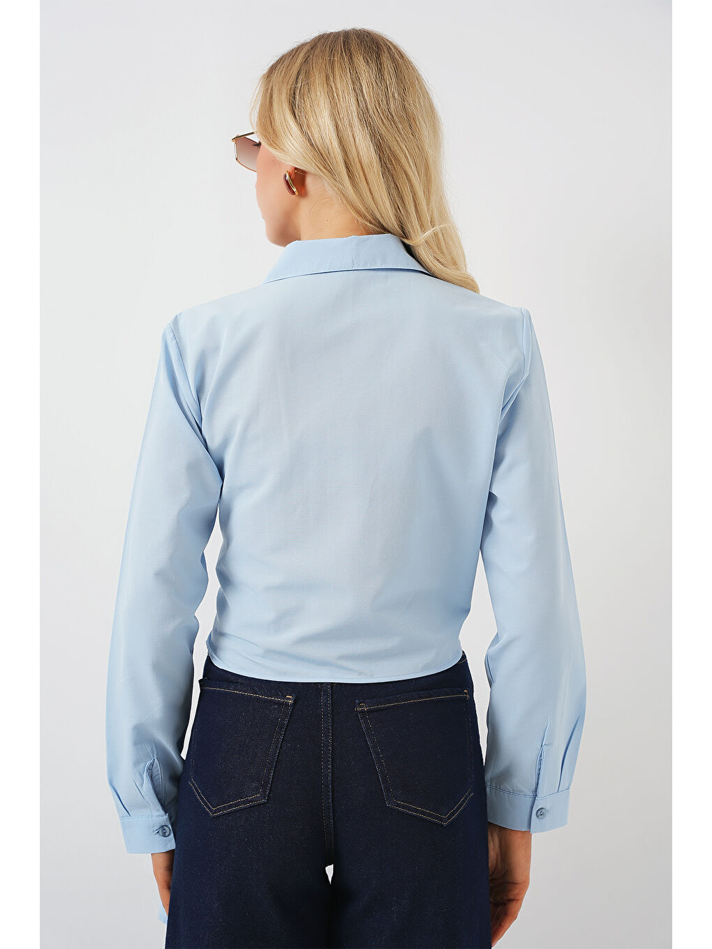 Kadın Bağlamalı Uzun Kol Gömlek 20325 - Mavi-5