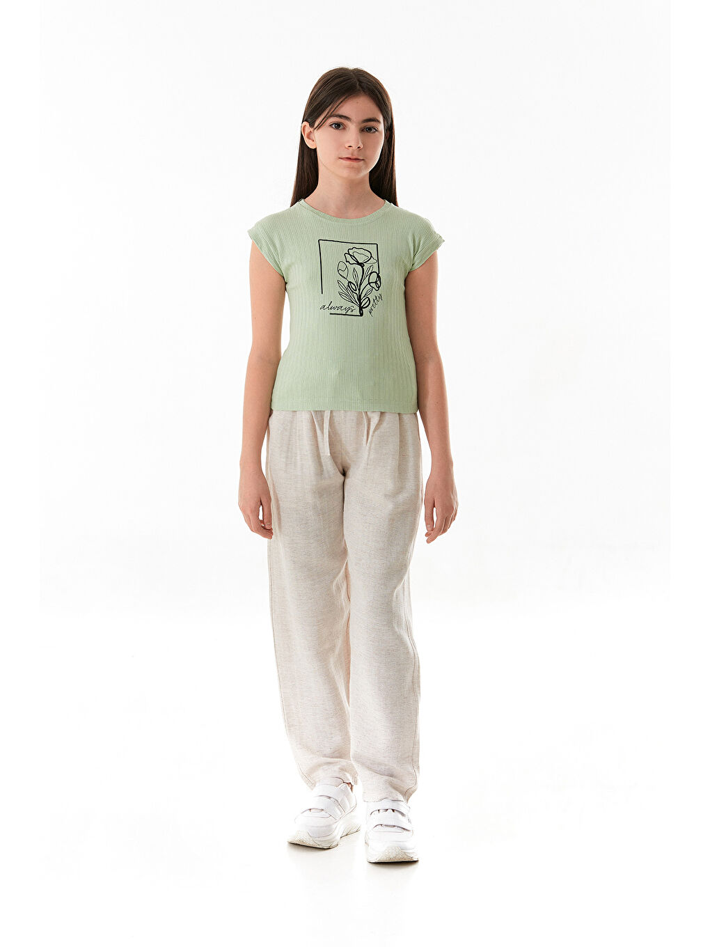 Turkuaz Always Pretty Yazı Baskılı Kız Çocuk Tişört-1