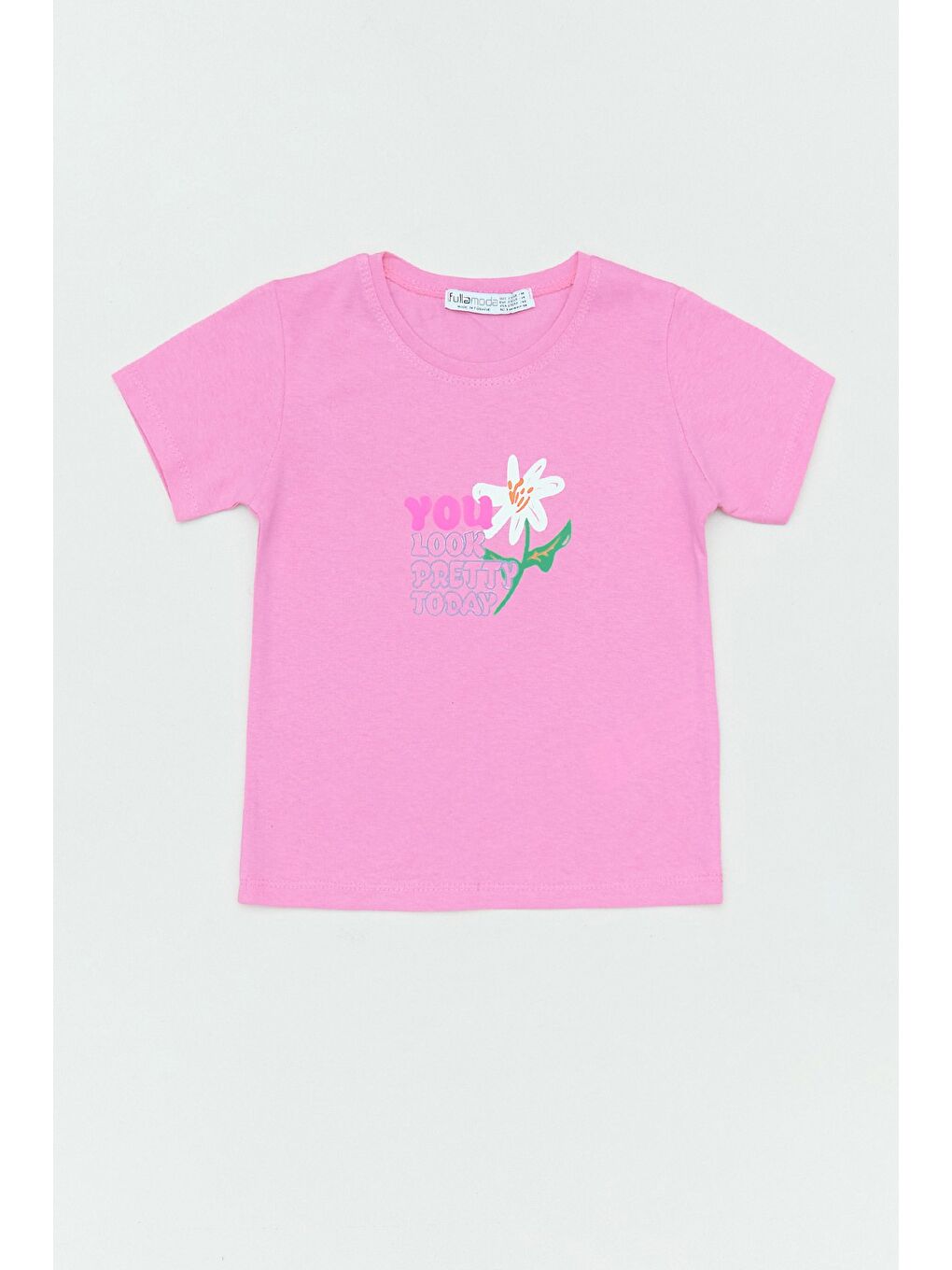Pembe %100 Pamuk Önü Ve Arkası Baskılı Kız Çocuk Tişört