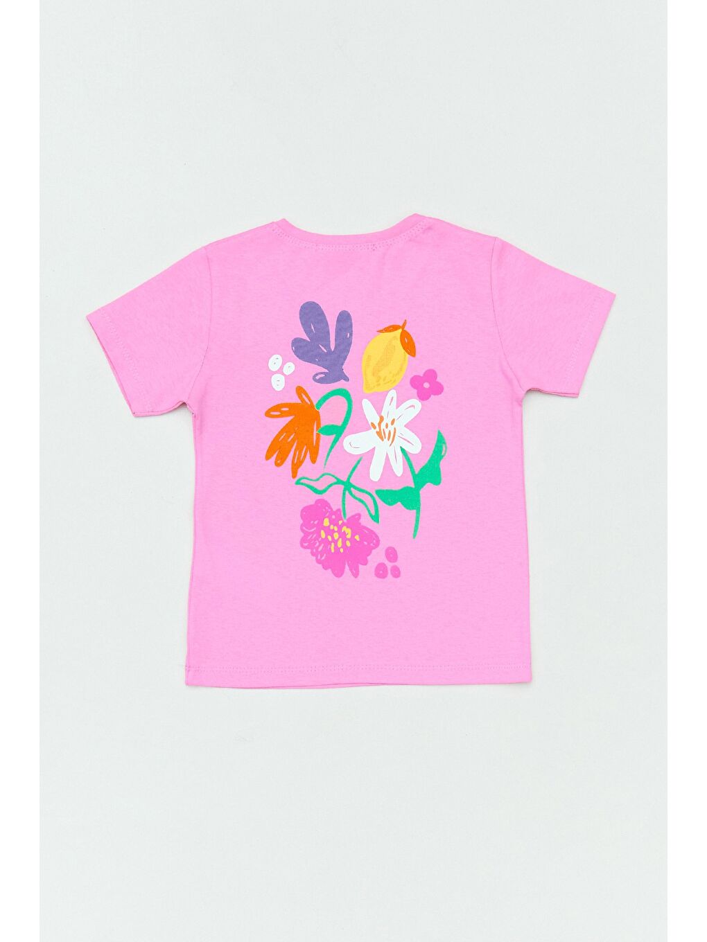 Pembe %100 Pamuk Önü Ve Arkası Baskılı Kız Çocuk Tişört-1