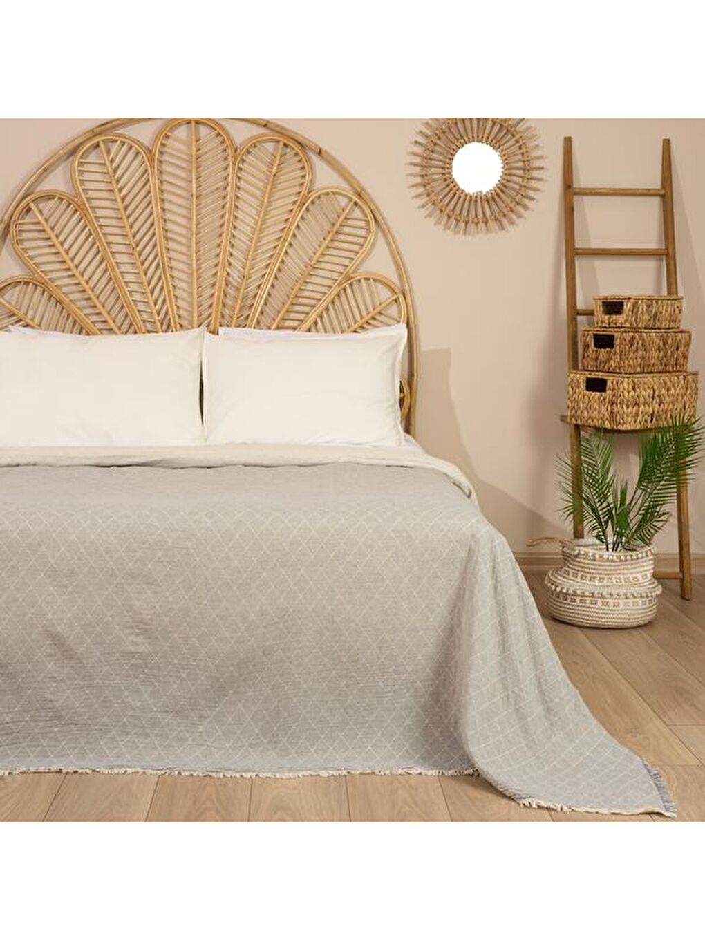 Soft Diamond Müslin Çift Kişilik Yatak Örtüsü - Gri - 200x220 cm