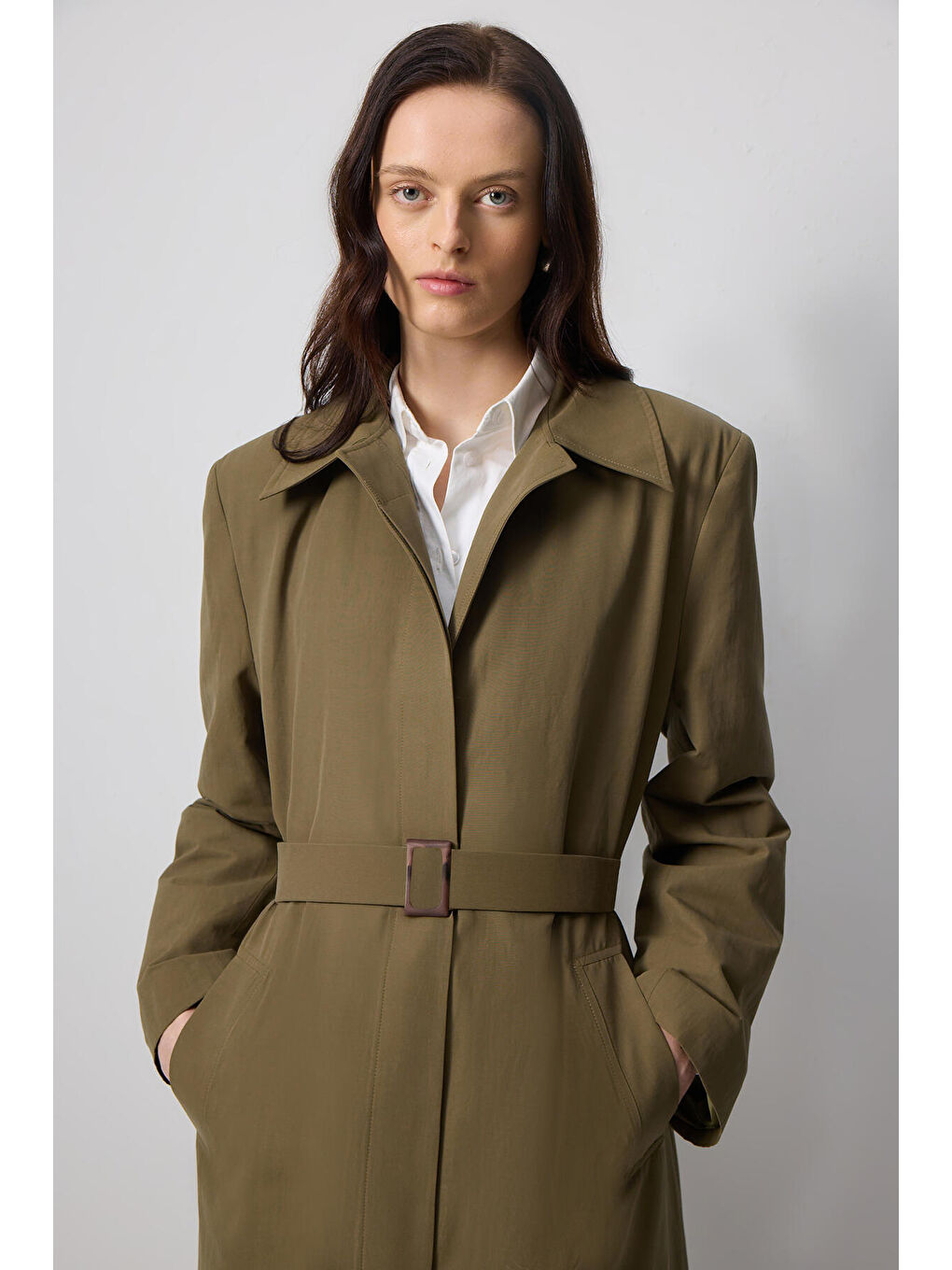 Haki Kemerli Oversıze Trençkot-2