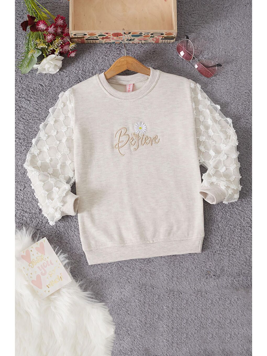 Pembe Life Kids Club Krem Papatya Nakışlı Kolları Dantelli Kız Çocuk Sweatshirt 17165