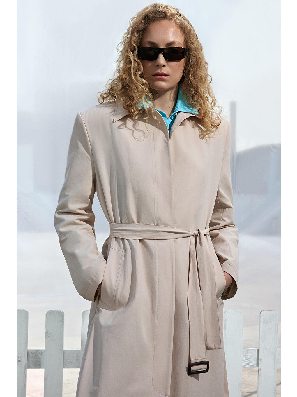 Ekru Kemerli Oversıze Trençkot