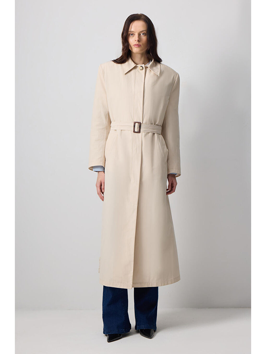 Ekru Kemerli Oversıze Trençkot-1
