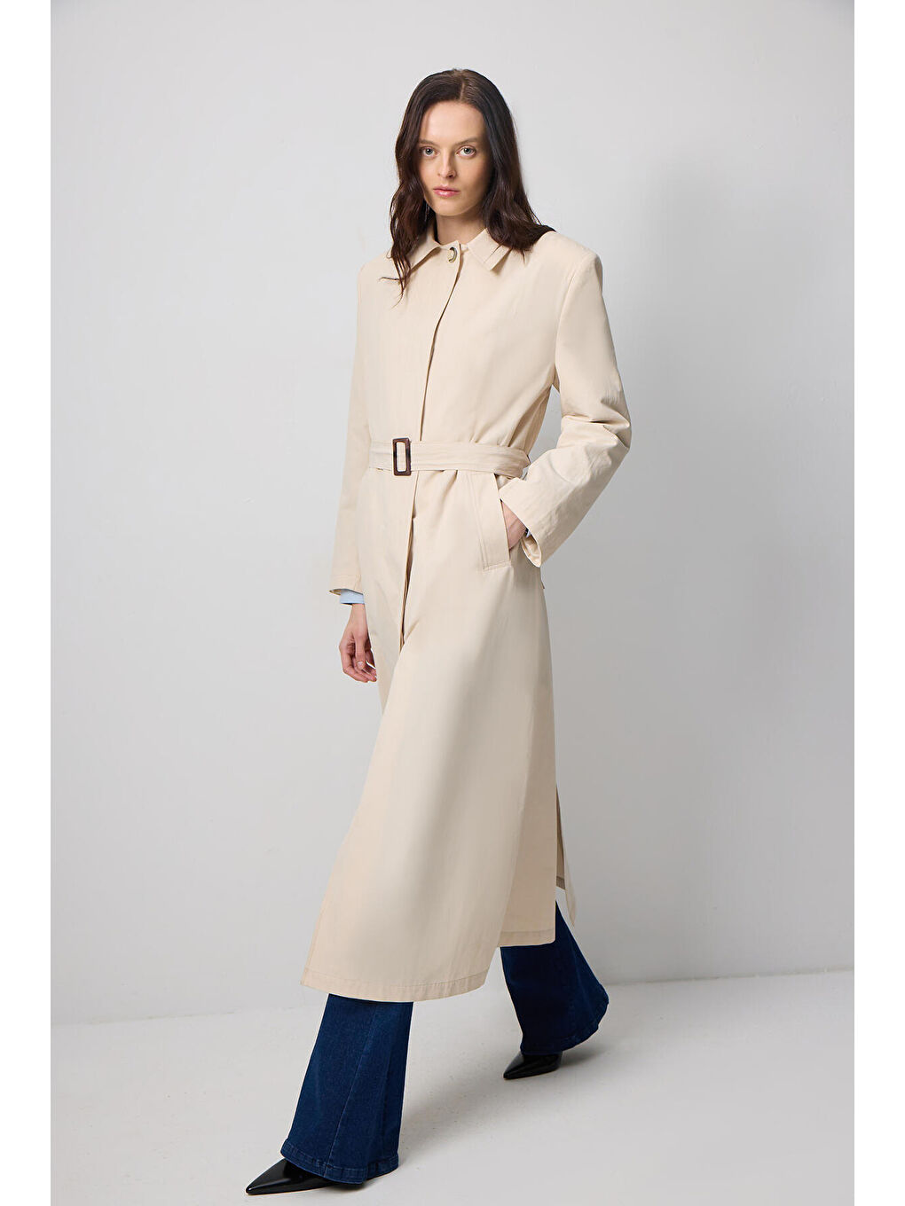 Ekru Kemerli Oversıze Trençkot-2