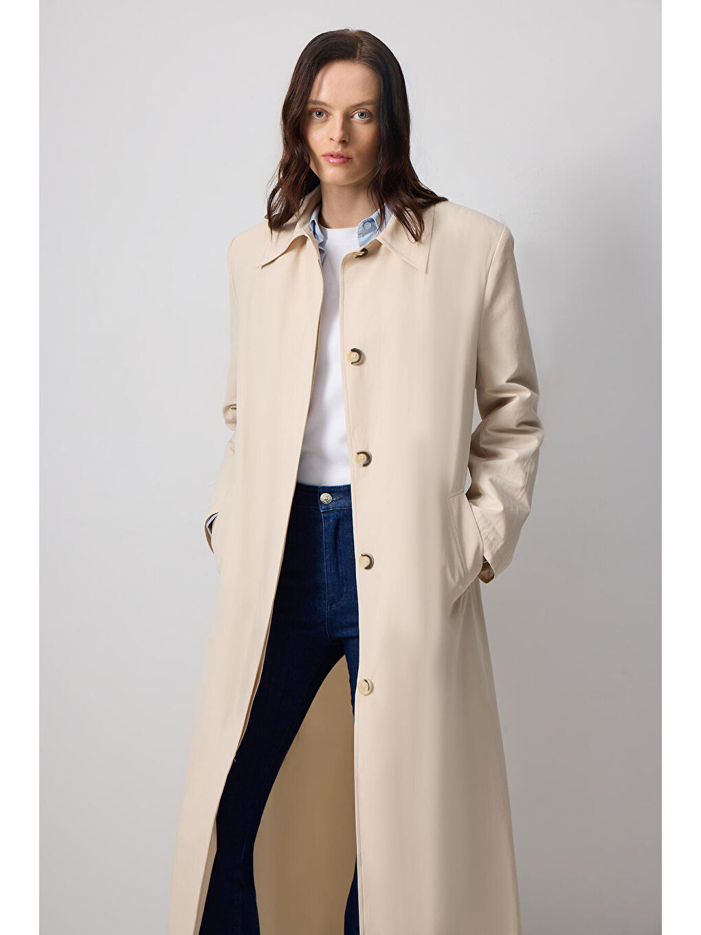 Ekru Kemerli Oversıze Trençkot-3