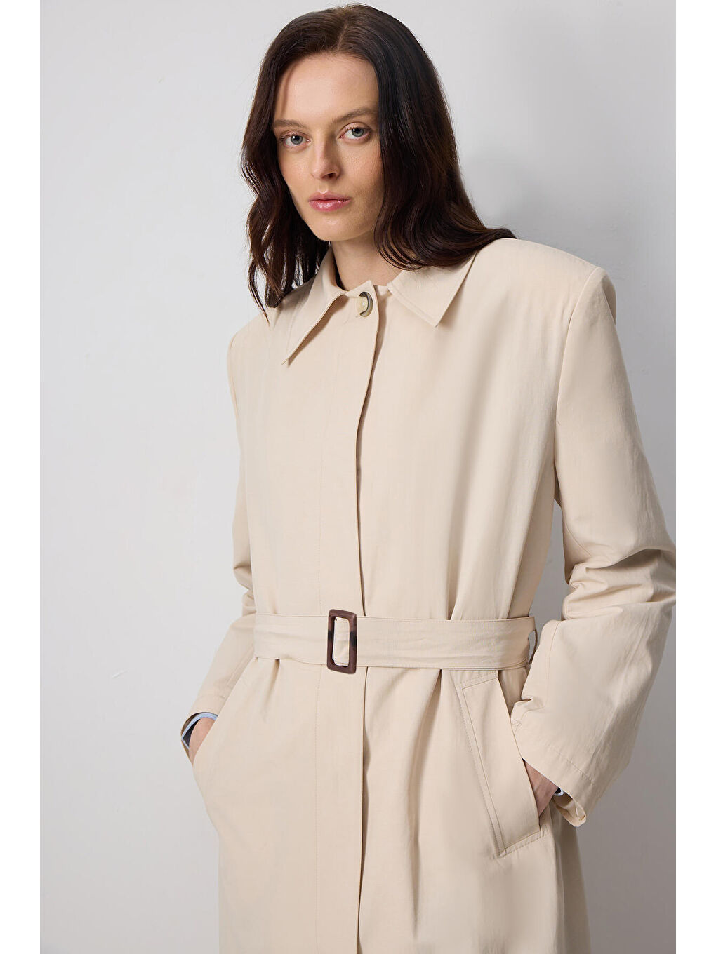 Ekru Kemerli Oversıze Trençkot-5