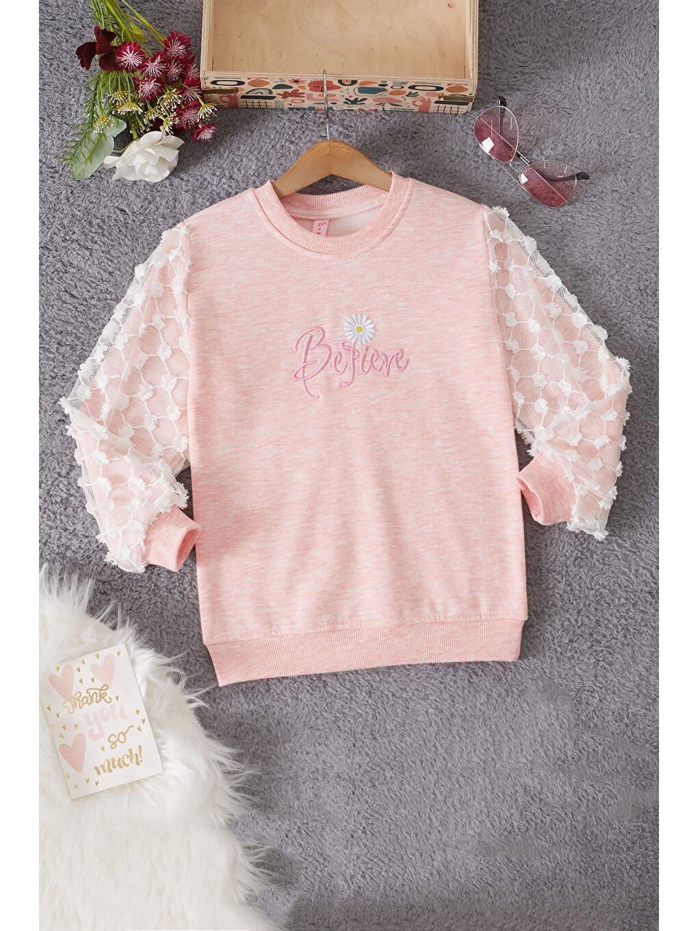 Pembe Life Kids Club Pembe Papatya Nakışlı Kolları Dantelli Kız Çocuk Sweatshirt 17166