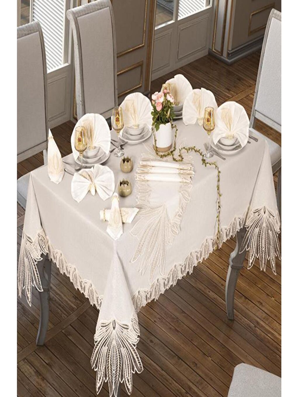 Ekru Pride Masa Örtüsü 160x260 Cm 26 Parça Krem-2