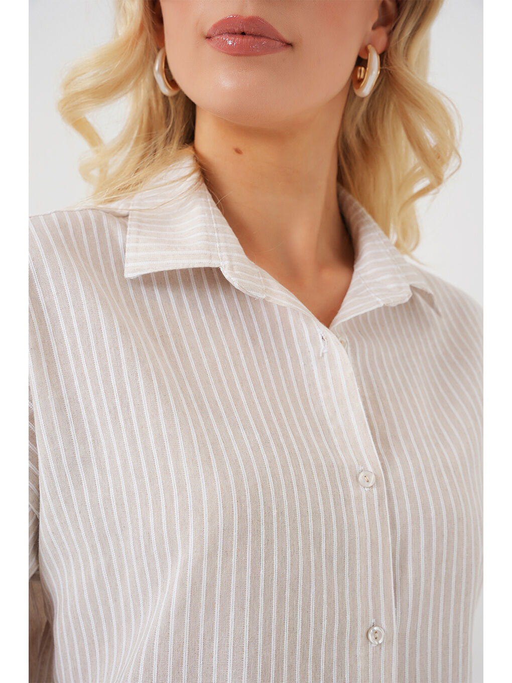 Ekru Kadın Çizgili Kısa Kol Gömlek 20324 - Krem-4