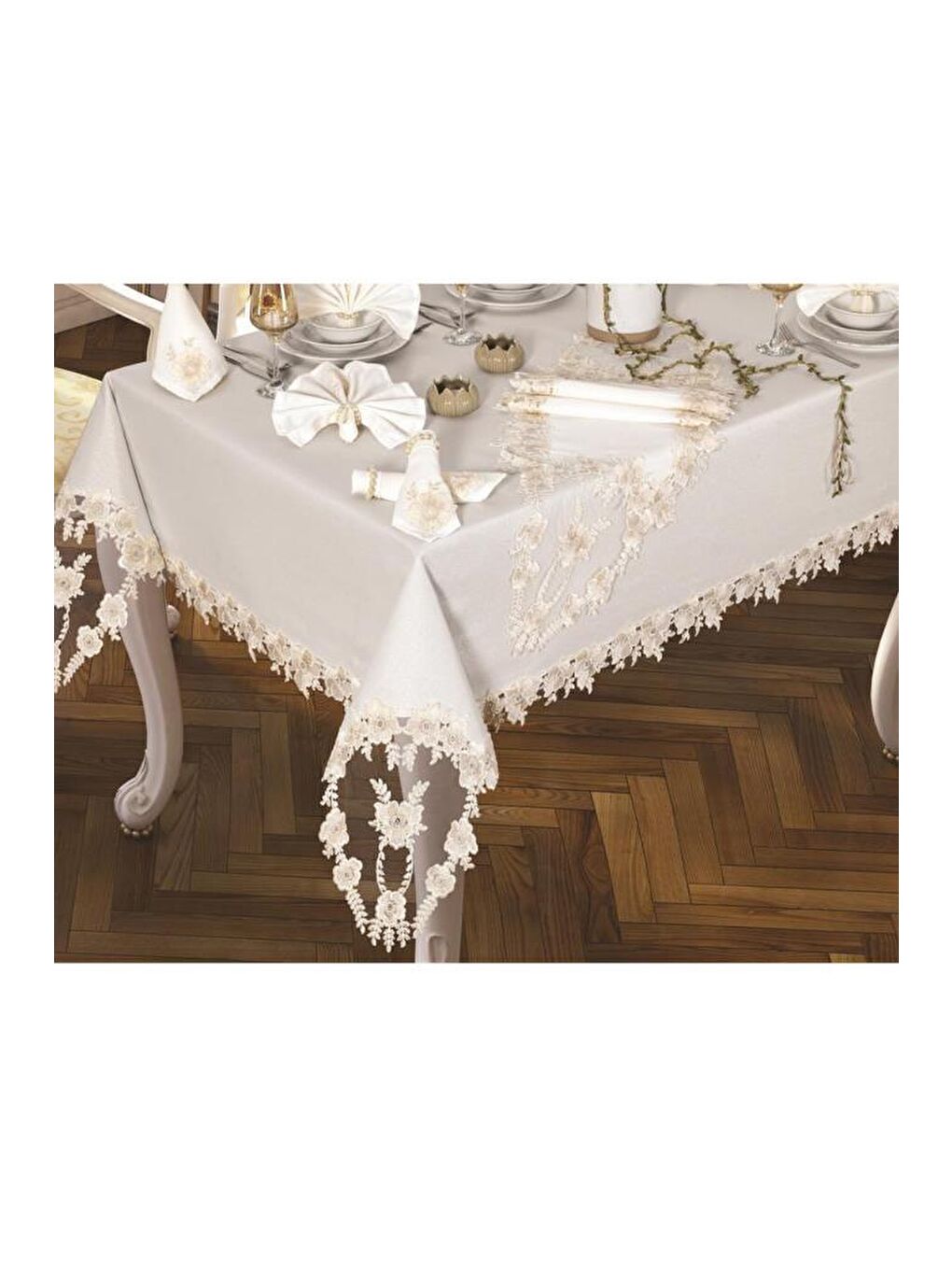 Ekru Daisy Love Masa Örtüsü 160x260 Cm 26 Parça Krem-3