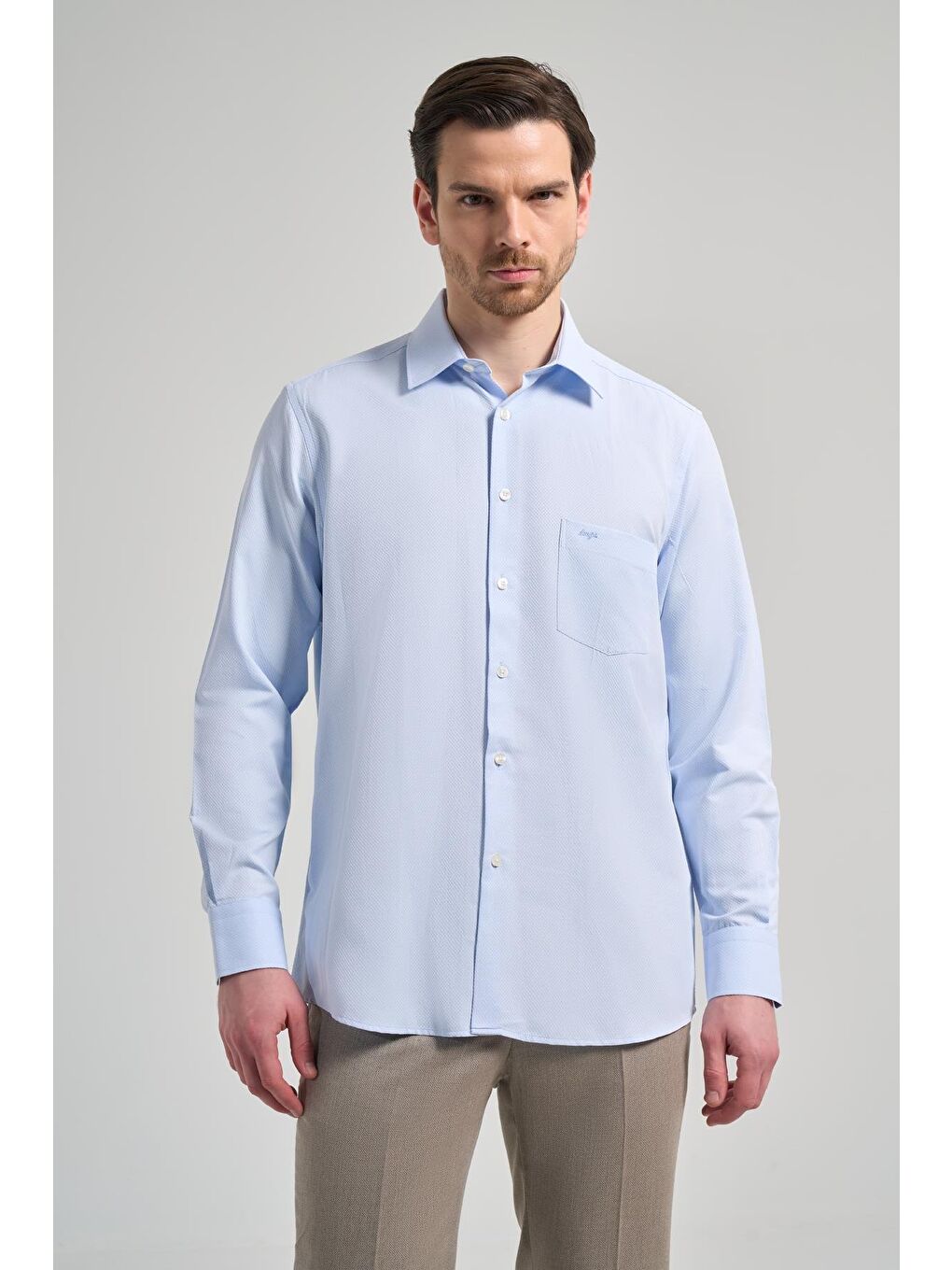 Mavi Uzun Kol Desenli Armürlü Sert Yaka Cepli Pamuklu Classic Comfort Fit Gömlek 1004250171