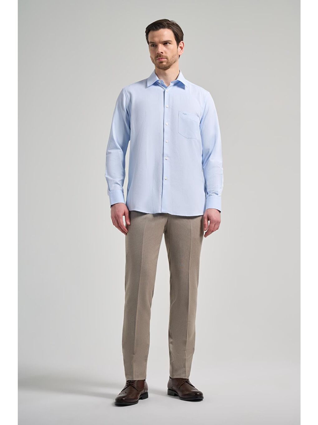 Mavi Uzun Kol Desenli Armürlü Sert Yaka Cepli Pamuklu Classic Comfort Fit Gömlek 1004250171-1