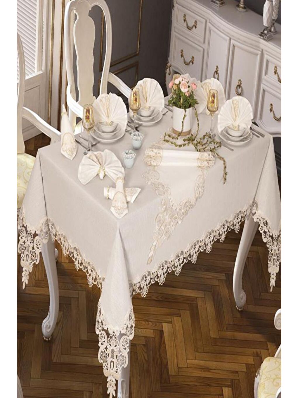 Ekru Neslihan Masa Örtüsü 160x260 Cm 26 Parça Krem-2