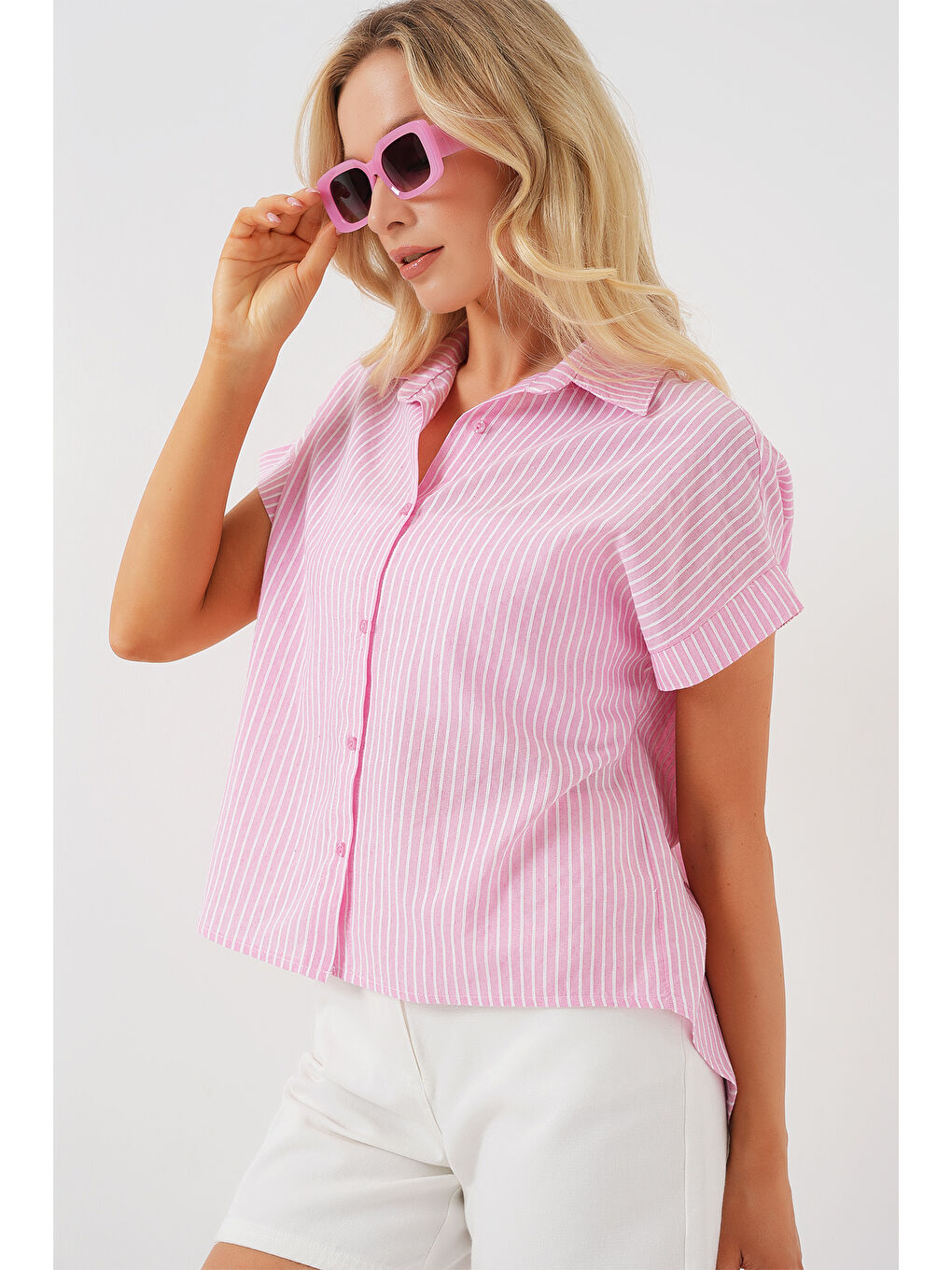 Kadın Çizgili Kısa Kol Gömlek 20324 - Pembe-2