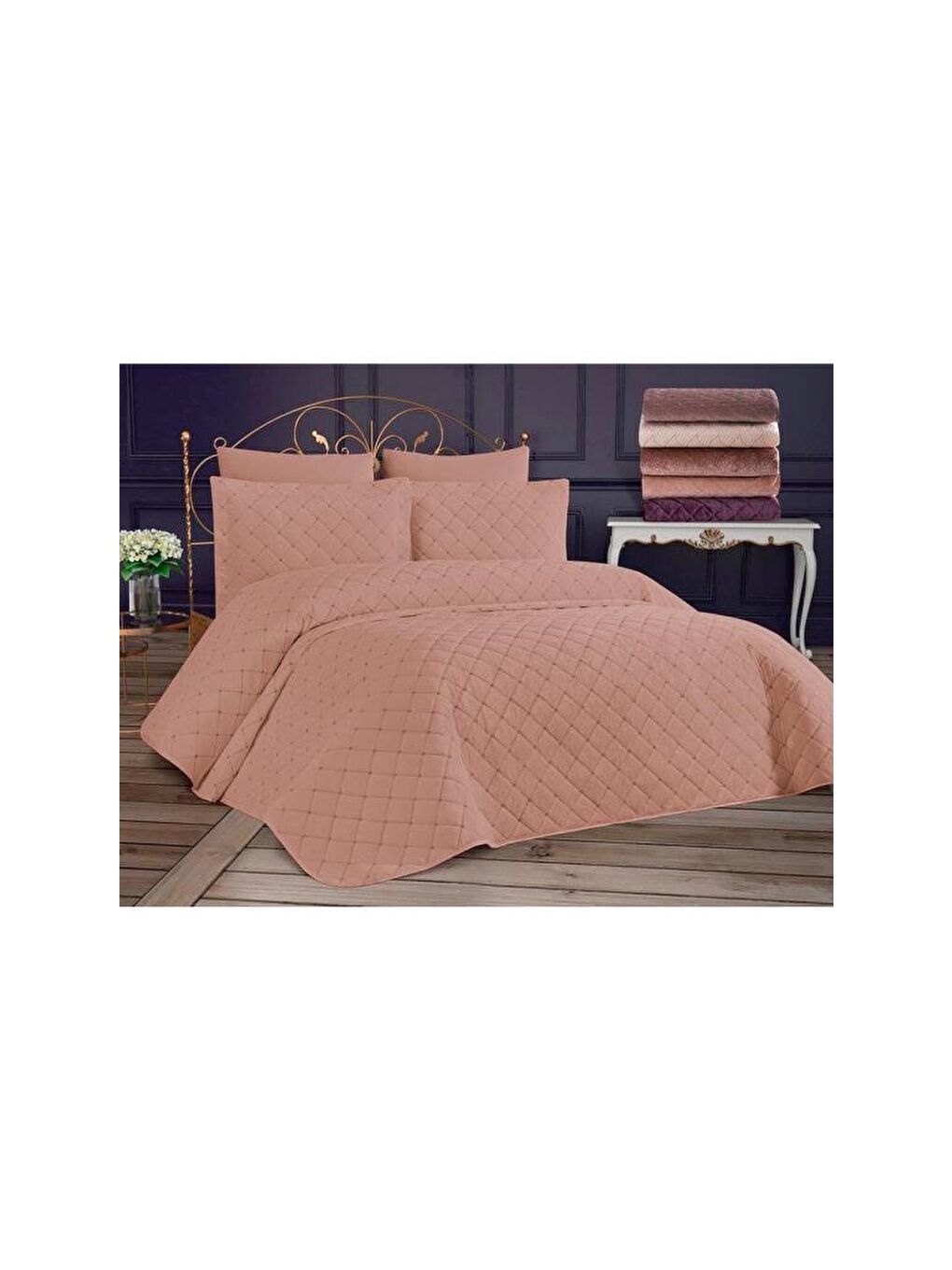Karışık Dessert Kadife Tek Kişilik Yatak Örtüsü Pudra-2
