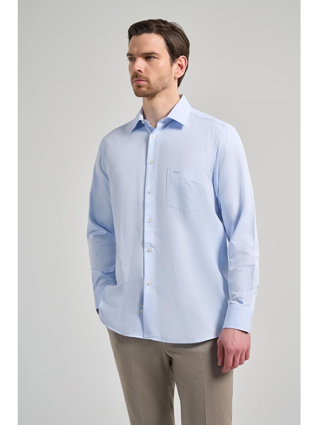 Mavi Uzun Kol Desenli Armürlü Sert Yaka Cepli Pamuklu Classic Comfort Fit Gömlek 1004250171-2