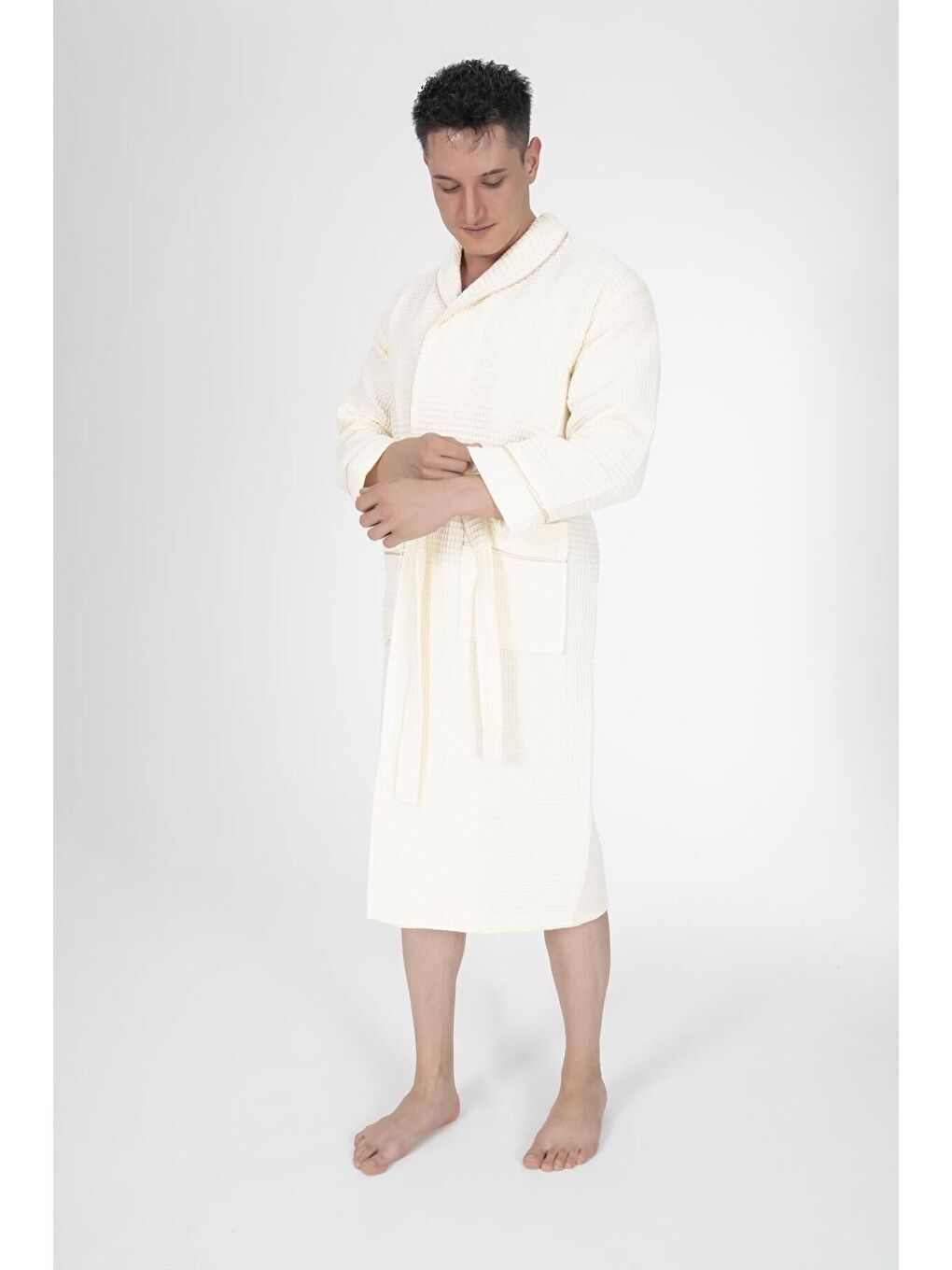 Ekru Kaos Serisi Şal Yaka Pike Bornoz Sabahlık Krem-2