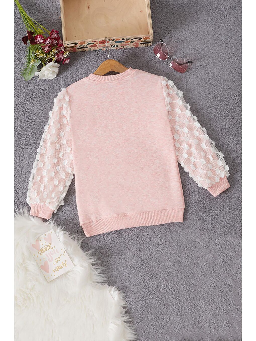 Pembe Life Kids Club Pembe Papatya Nakışlı Kolları Dantelli Kız Çocuk Sweatshirt 17166 - 3