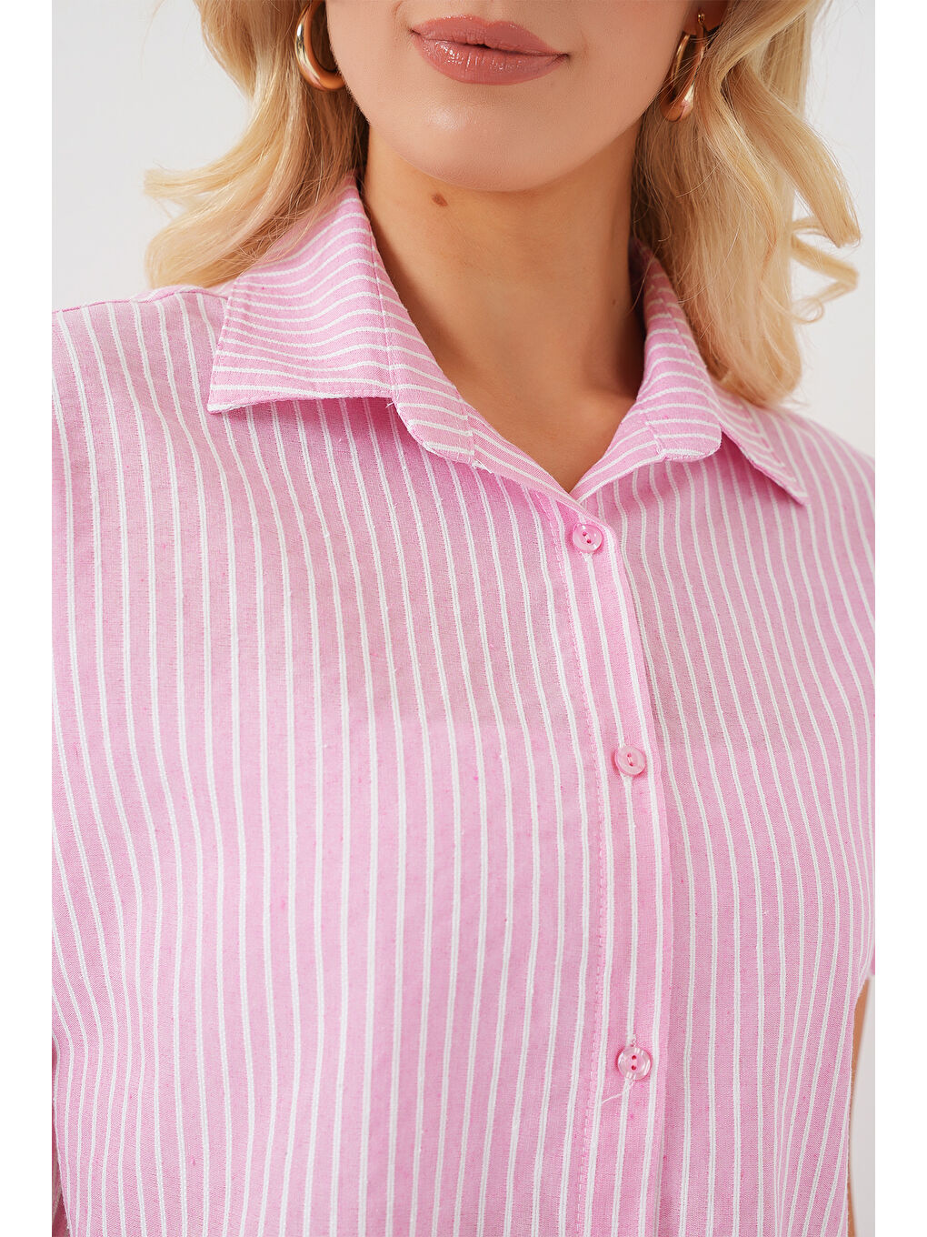 Kadın Çizgili Kısa Kol Gömlek 20324 - Pembe-4