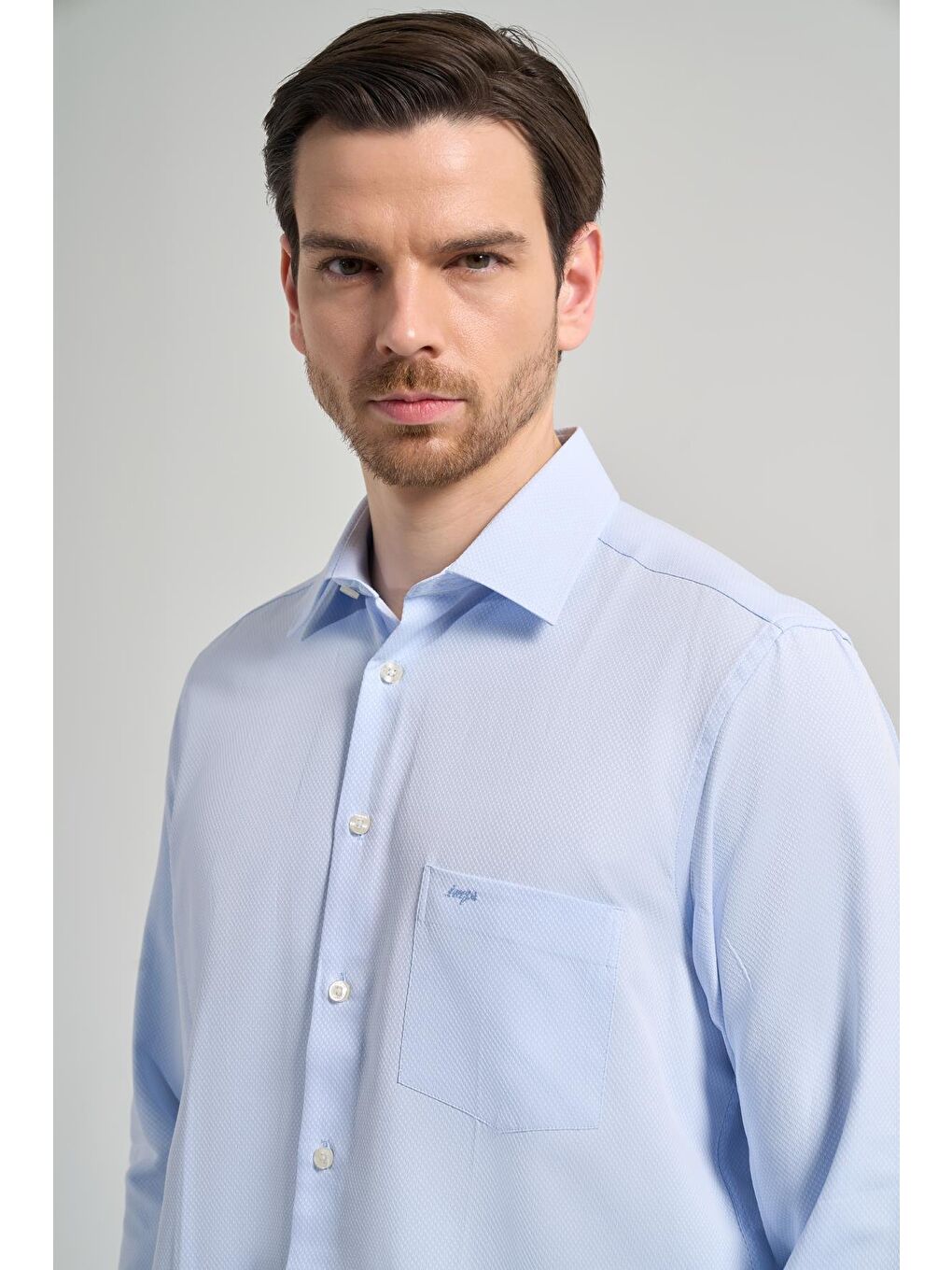 Mavi Uzun Kol Desenli Armürlü Sert Yaka Cepli Pamuklu Classic Comfort Fit Gömlek 1004250171-3