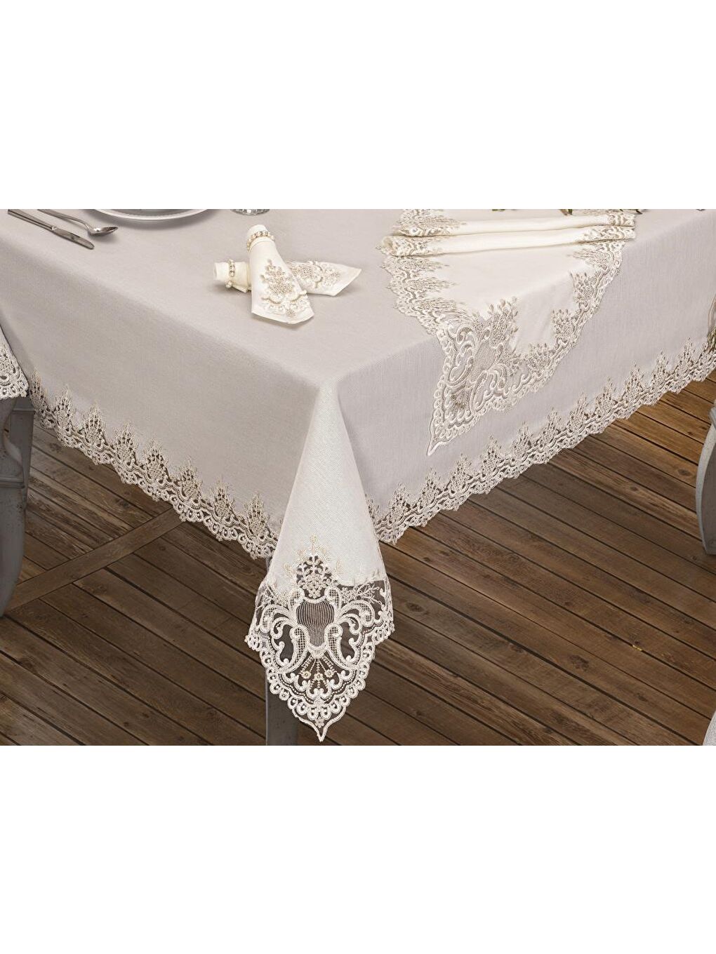 Ekru Sümbül Masa Örtüsü 160x260 Cm 26 Parça Krem-2