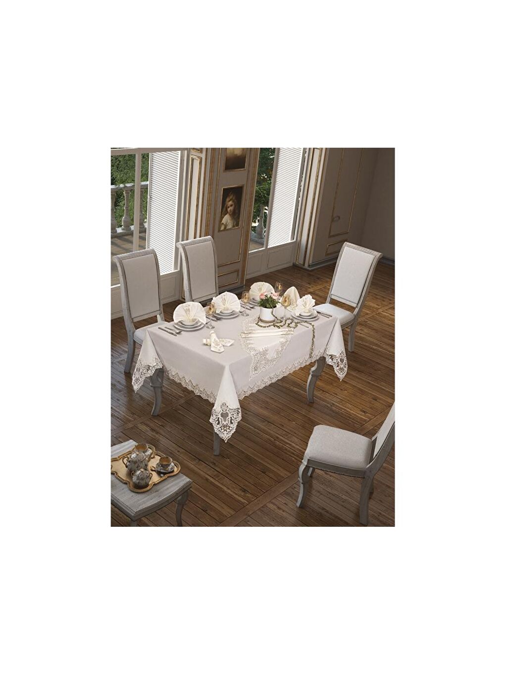 Ekru Sümbül Masa Örtüsü 160x260 Cm 26 Parça Krem-3