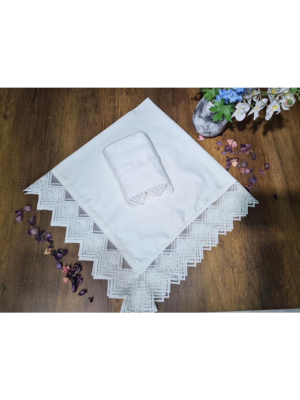 Ekru Fransız Güpürlü Dantelle Havlu Bohça 2li Set Krem-1