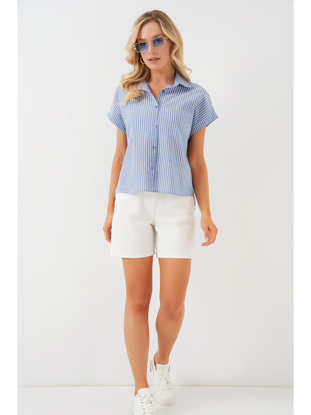 Kadın Çizgili Kısa Kol Gömlek 20324 - İndigo-1